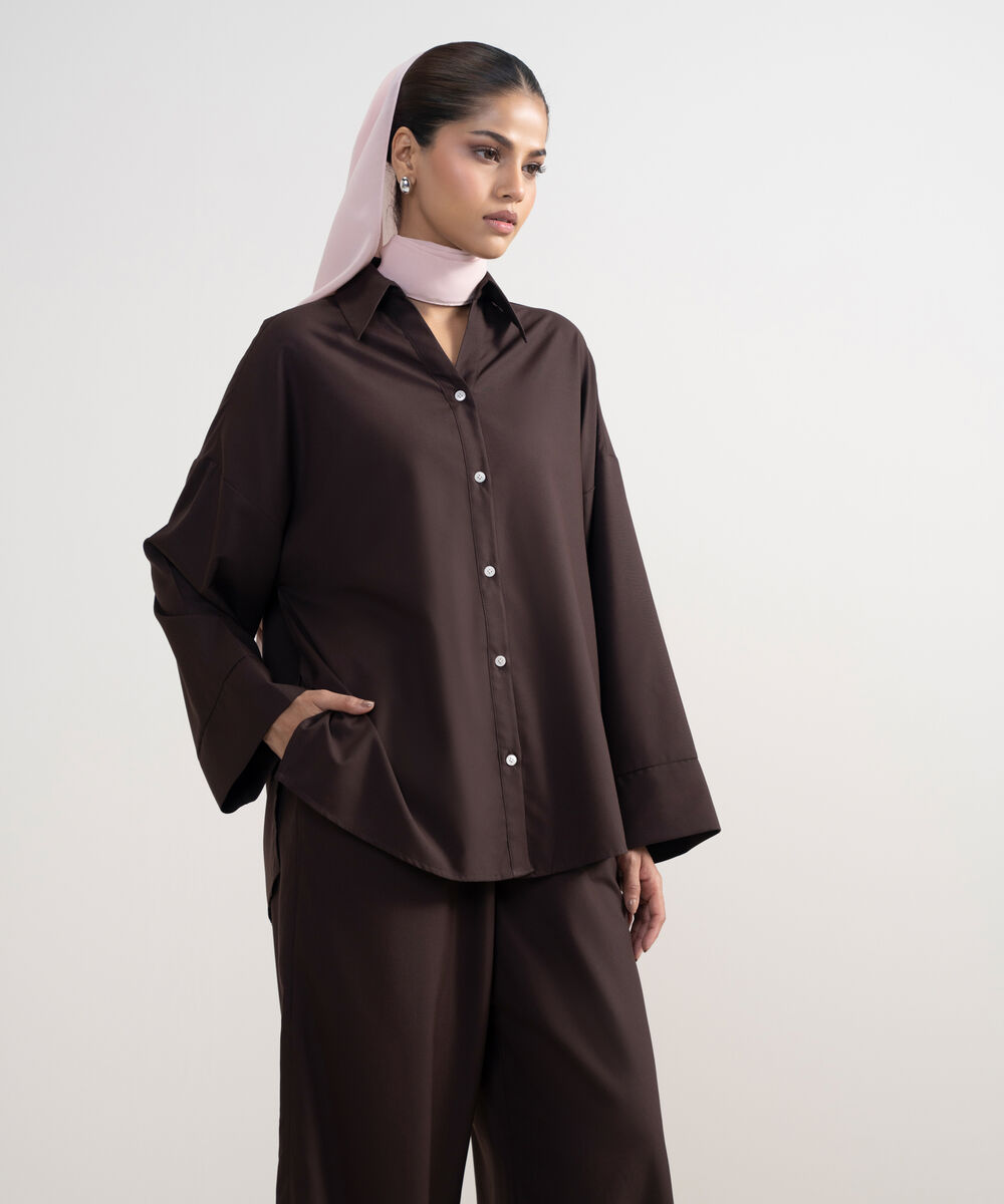 Women's Chocolate Brown Oversize Button Down view 1